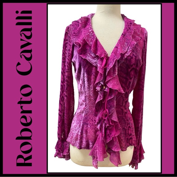 ROBERTO CAVALLI Italy Magenta Silk Chiffon Cut Velvet Ruffle Fitted Blouse S NEW - Picture 7 of 7
